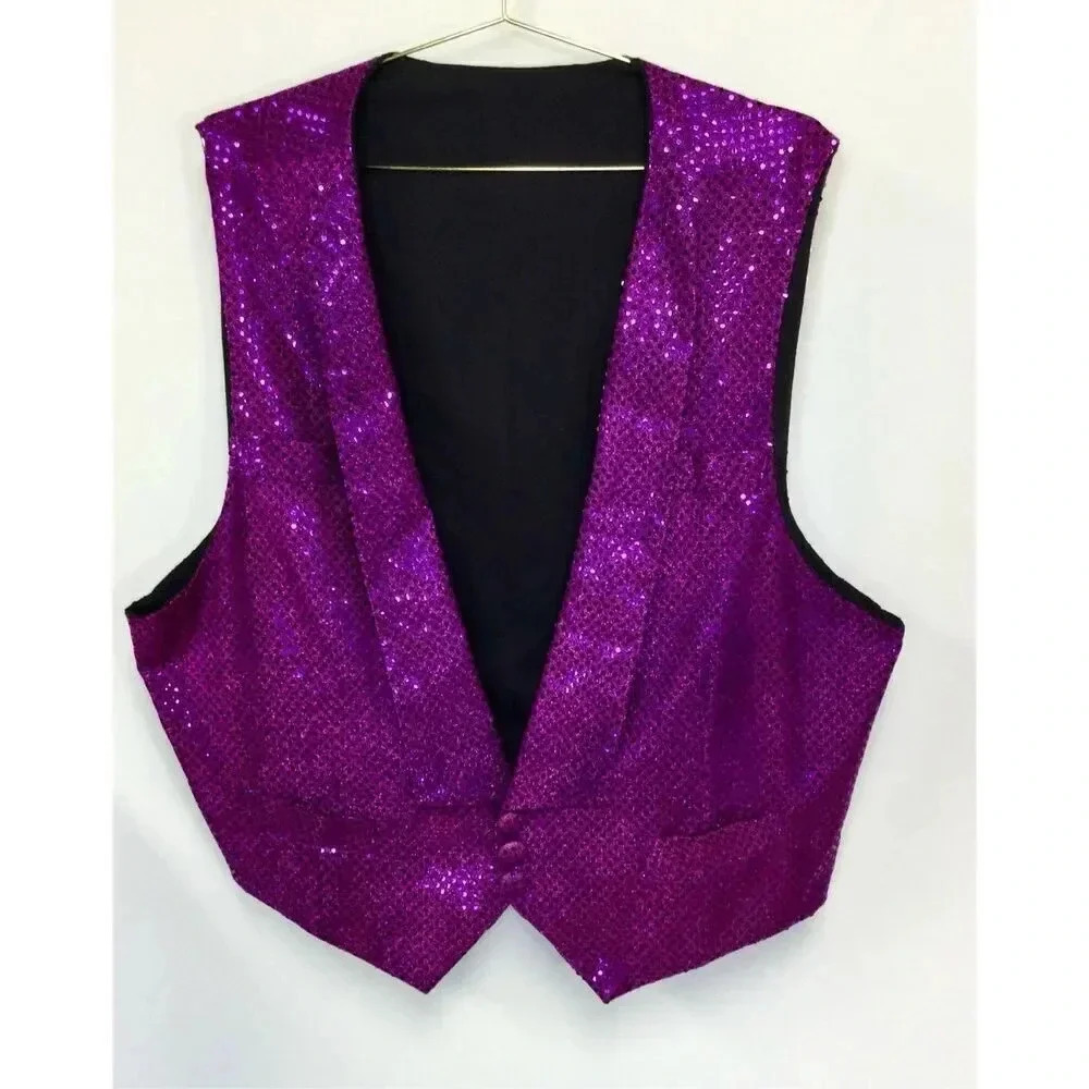 Vintage‎ Womens Mens 2XL Waistcoat Vest Purple Sequins V Neck Button Closure